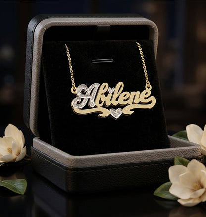 Custom 14K Gold Name Plate Necklace with Diamonds | Double Plate