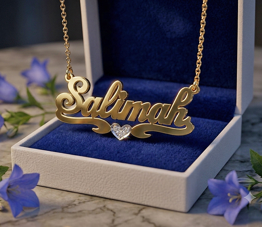 Custom 14K Gold Name Plate Necklace with Diamond on Heart