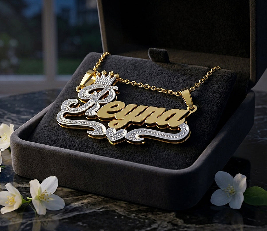 Custom 14K Gold Nameplate Necklace with Crown | Double Bail