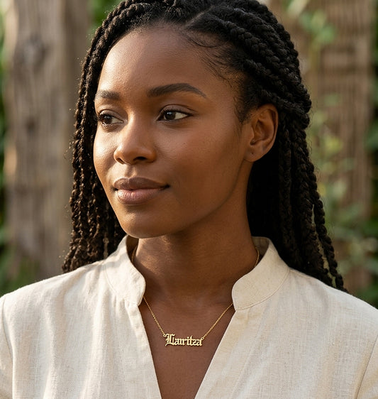 Custom 14K Gold Old English Nameplate Necklace