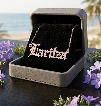Custom 14K Gold Old English Nameplate Necklace