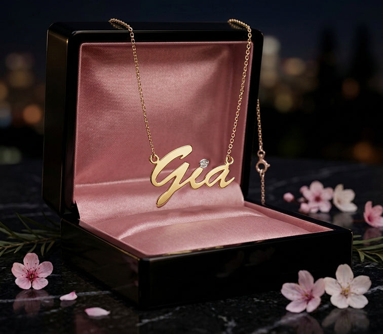 Custom 14K Gold and Diamond Name Necklace with Script Text