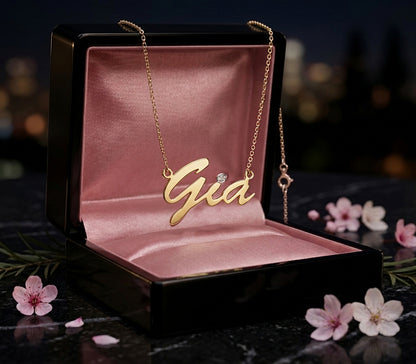 Custom 14K Gold and Diamond Name Necklace with Script Text