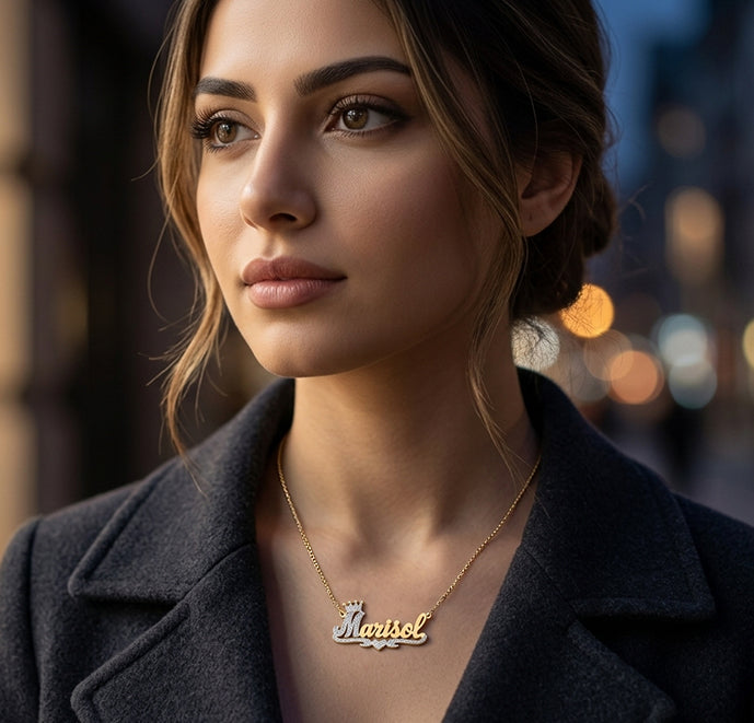 Custom 14K Gold and Diamonds Nameplate Necklace with Crown | Personalized