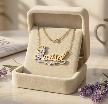Custom 14K Gold and Diamonds Nameplate Necklace with Crown | Personalized