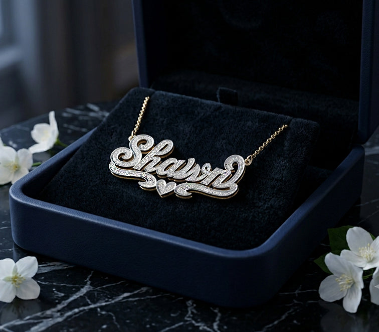 Custom 14K Gold and Full Diamonds Shadow Box Name Plate