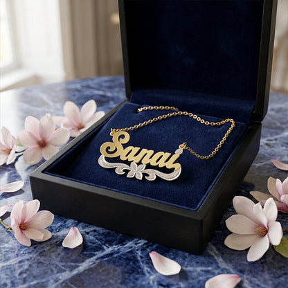 Custom 14K Solid Gold Name Plate with Accent Diamond | Floral Rhodium Sparkle