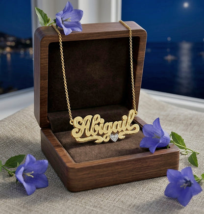 Custom 14kt. Gold Double Plate Name Necklace with Diamond Sparkle | Florentine Finish