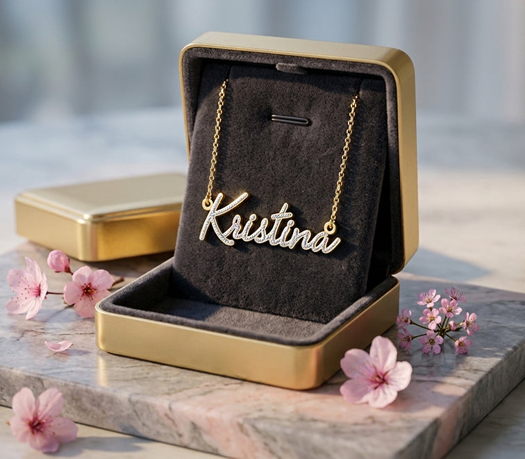 Custom 14kt. Gold Freestyle Script Nameplate Necklace | Rhodium Sparkle!