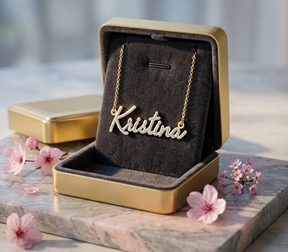 Custom 14kt. Gold Freestyle Script Nameplate Necklace | Rhodium Sparkle!