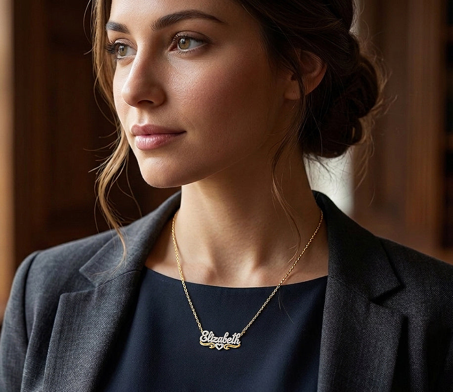 Custom 14kt. Gold Nameplate Necklace Covered in Rhodium Sparkle