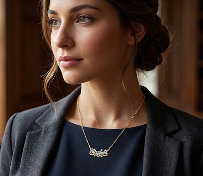 Custom 14kt. Gold Nameplate Necklace Covered in Rhodium Sparkle