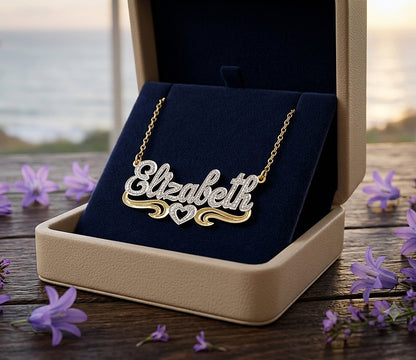 Custom 14kt. Gold Nameplate Necklace Covered in Rhodium Sparkle