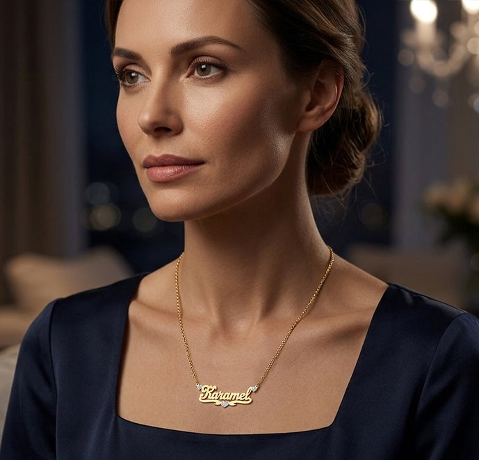 Custom14kt. Gold and Diamond Nameplate Necklace with Heart Flourish with Cable Chain