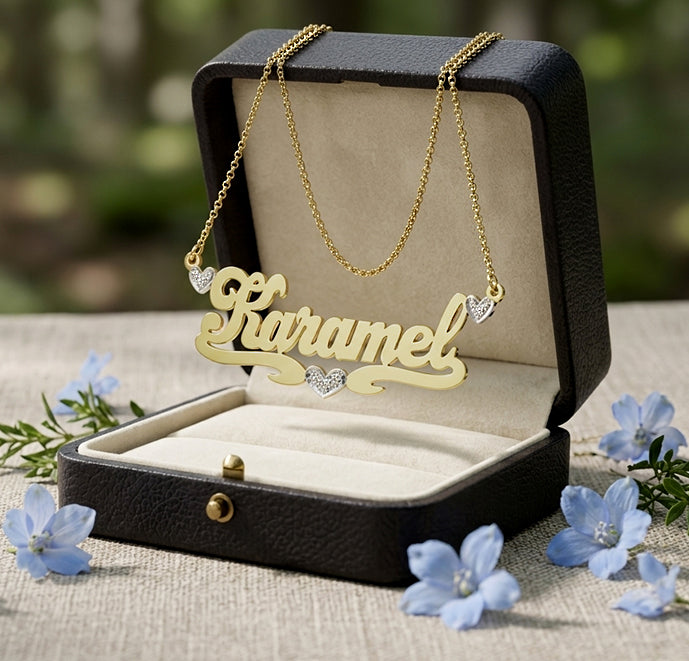 Custom14kt. Gold and Diamond Nameplate Necklace with Heart Flourish with Cable Chain