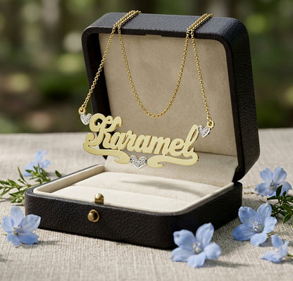 Custom14kt. Gold and Diamond Nameplate Necklace with Heart Flourish with Cable Chain