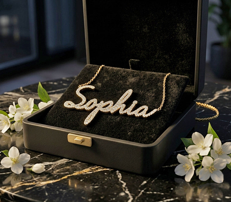 Custom 14kt. Gold and Pave Diamonds Freestyle Script Name Necklace | Large
