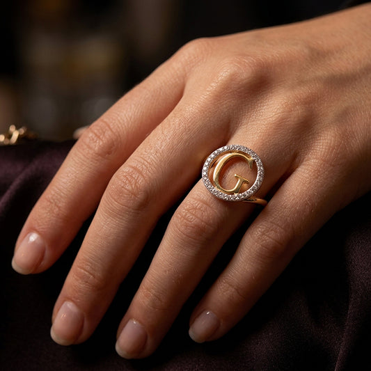 Custom 1 Initial Monogram Ring with Diamond Outline Halo