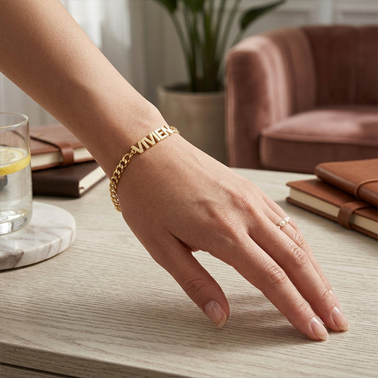 Custom Block Text Name Bracelet in High Polished 14K Gold with Curb Chain