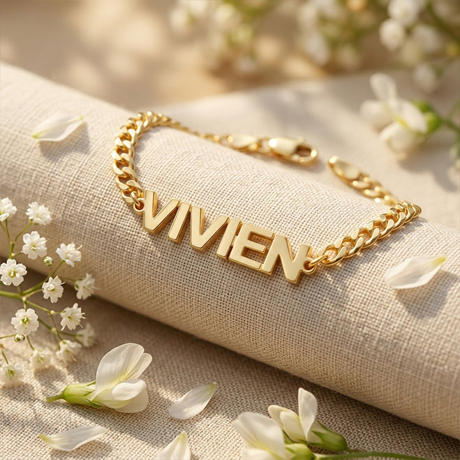 Custom Block Text Name Bracelet in High Polished 14K Gold with Curb Chain