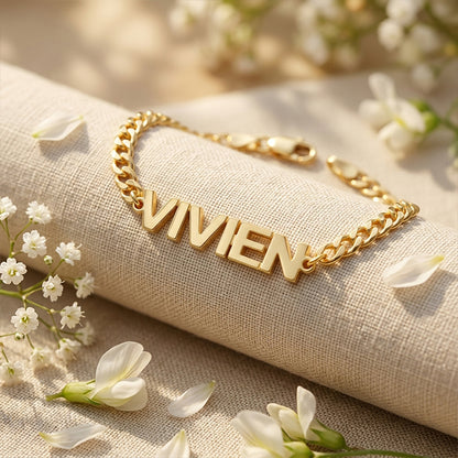 Custom Block Text Name Bracelet in High Polished 14K Gold with Curb Chain