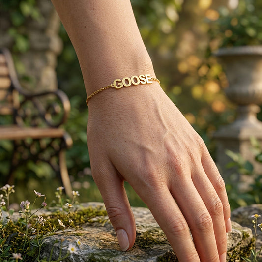 Custom Block Text Name Chain Bracelet in High Polished 14K Gold