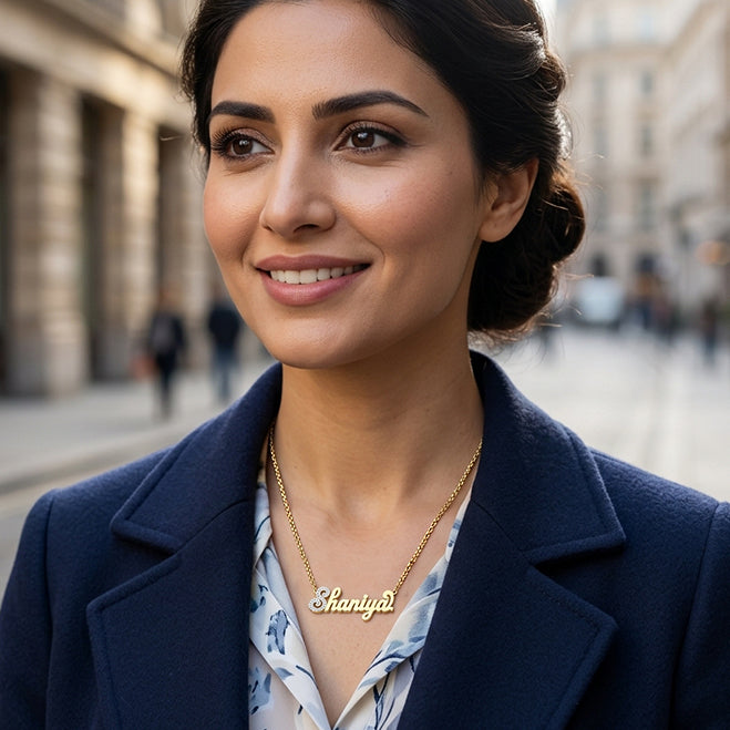 Custom Double Name Plate in 14K Gold plus Diamonds on First Initial