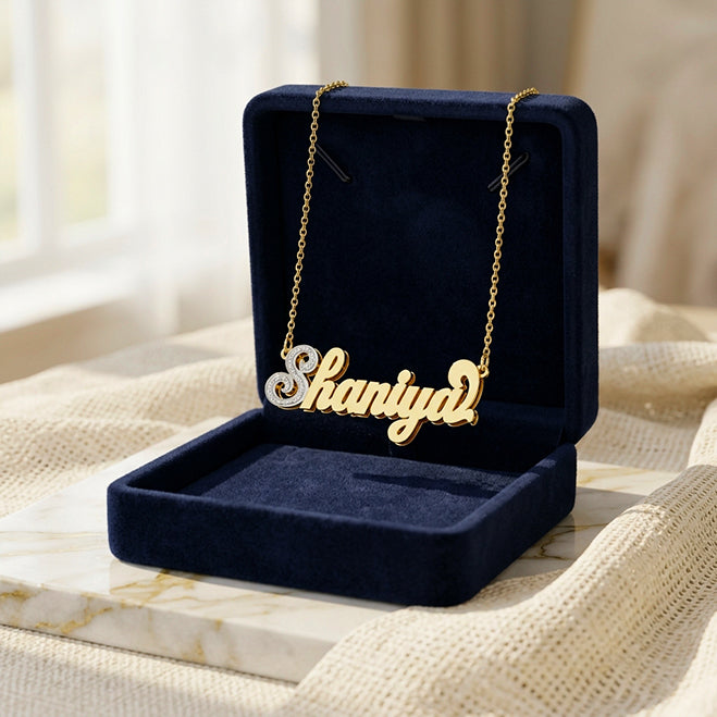 Custom Double Name Plate in 14K Gold plus Diamonds on First Initial