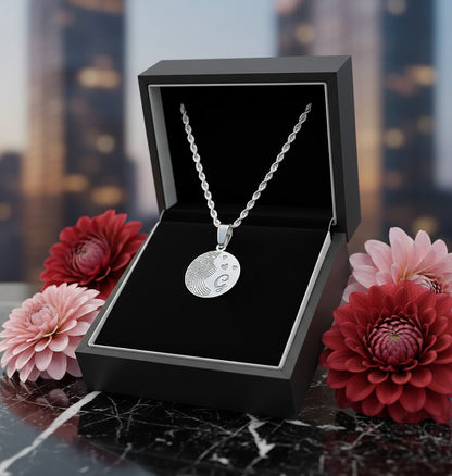 Custom Fingerprint Disc Charm Pendant with Hearts and Initial in 14K Gold