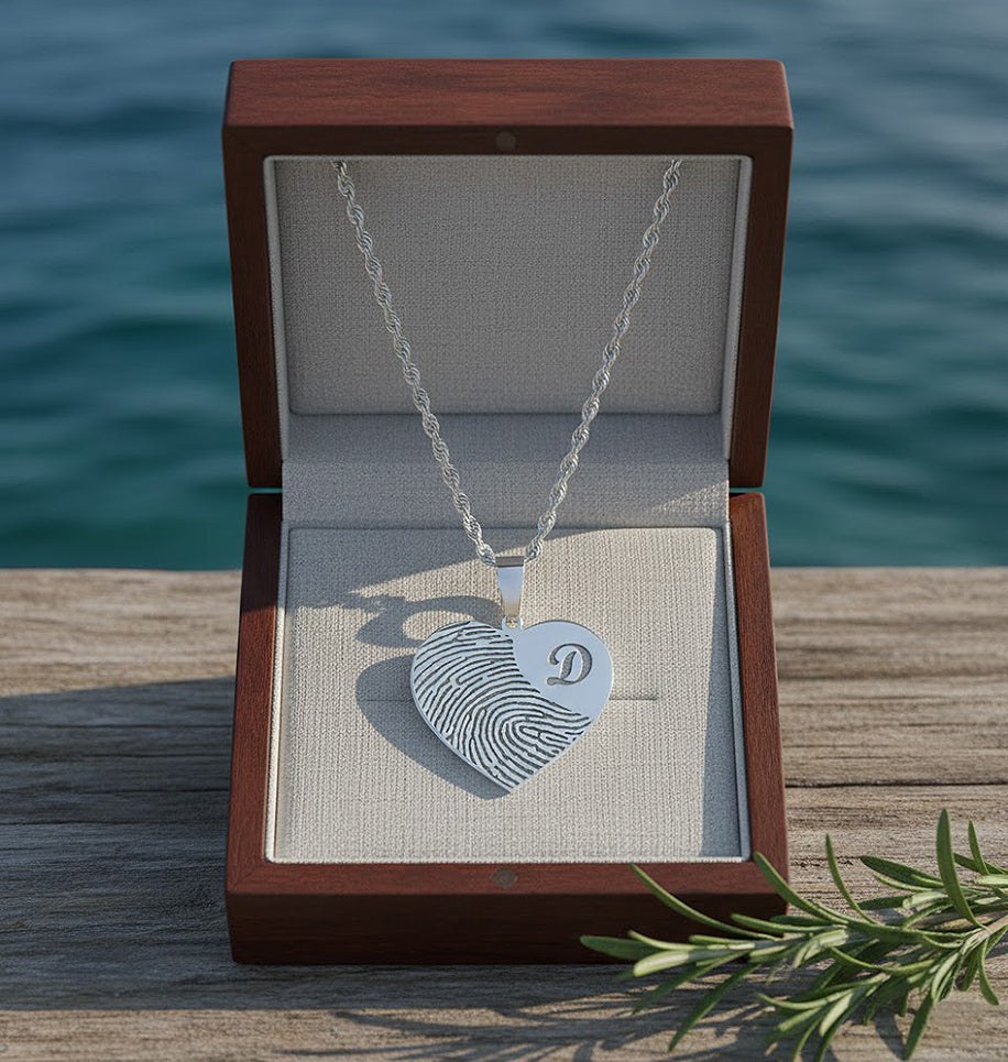 Custom Fingerprint Heart Charm Pendant with Initial Option in 14K Gold