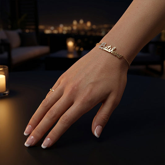 Custom Freestyle Script Name Bracelet with Diamonds and 14K Solid Gold