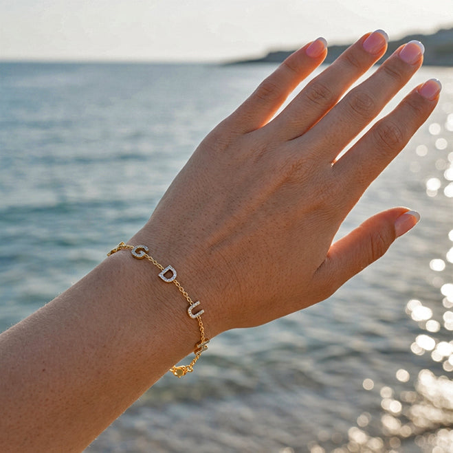 Custom Initial Station Bracelet with 14K Gold and Pave Diamonds