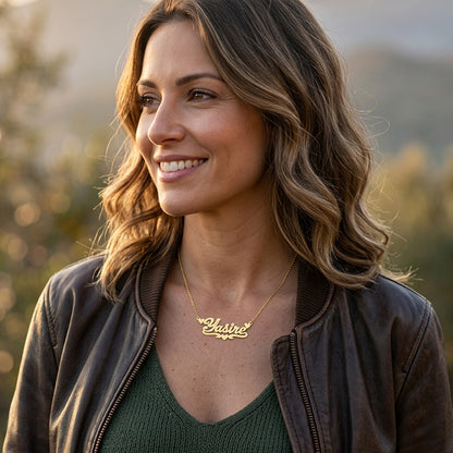 Custom Name Plate Necklace in 14K Solid Gold with Florentine Finish