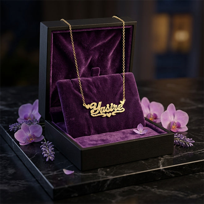 Custom Name Plate Necklace in 14K Solid Gold with Florentine Finish