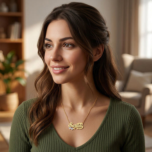 Custom Nameplate in 14K Gold with Double Hearts
