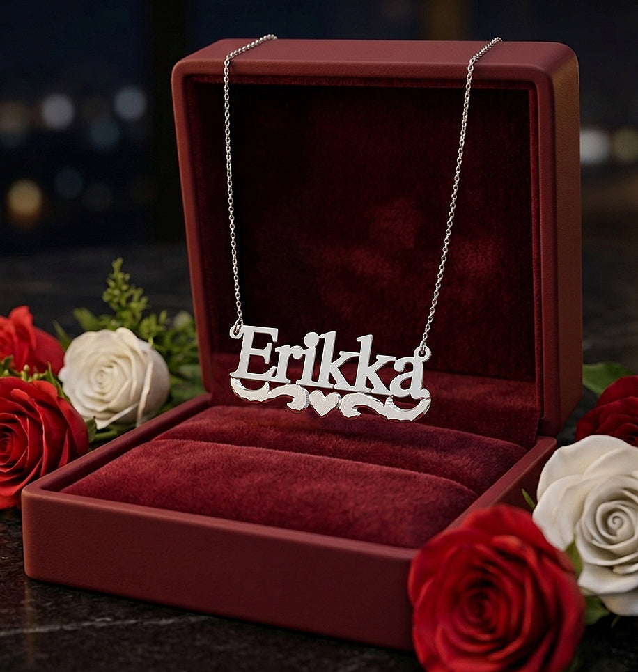 Custom Nameplate in Sterling Silver with Heart and Flourish in Florentine Finish