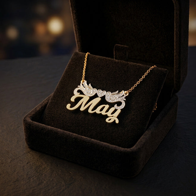 Custom Nameplate with Doves and Heart in 14K Gold and Diamonds Necklace