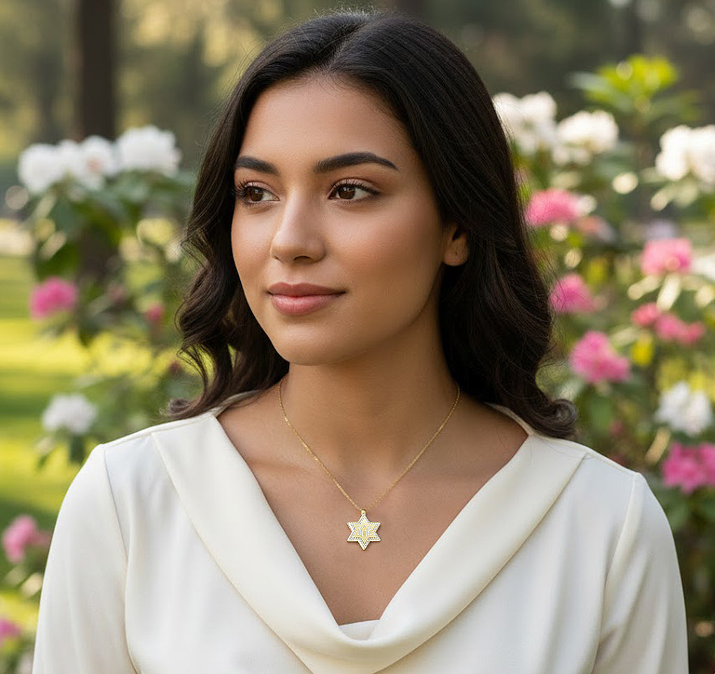 Custom Necklace with Monogram Pendant of Star of David in 14K Gold and Diamonds