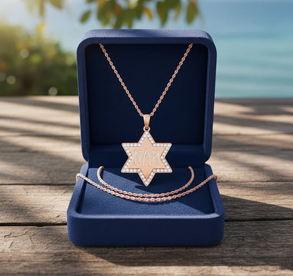 Custom Necklace with Monogram Pendant of Star of David in 14K Gold and Diamonds
