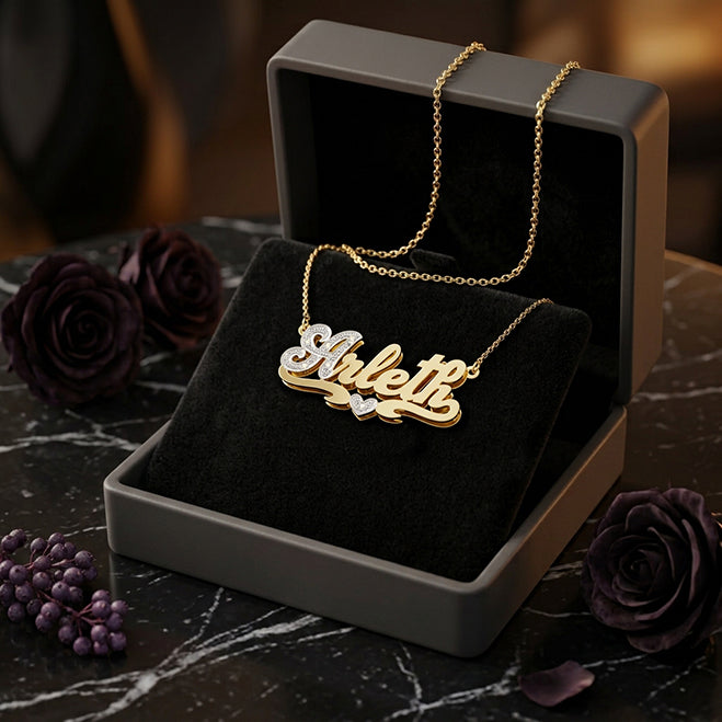 Custom Script Name Plate in 14K Gold and Diamonds on First Letter