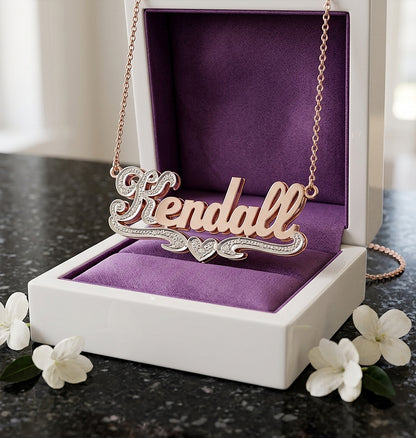 Custom Script Name Plate in 14K Gold and Diamonds on First Letter Heart and Details
