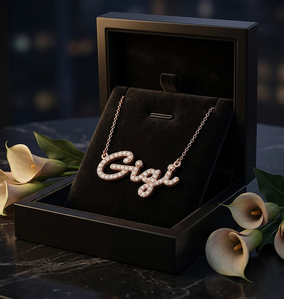 Custom Script Text Name Pendant with Diamonds in 14K Gold Setting