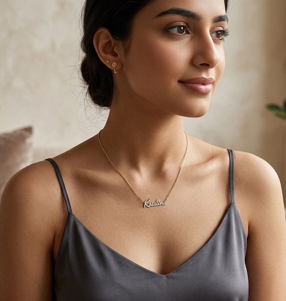Custom Sterling Silver Freestyle Script Nameplate Necklace | Rhodium Sparkle!