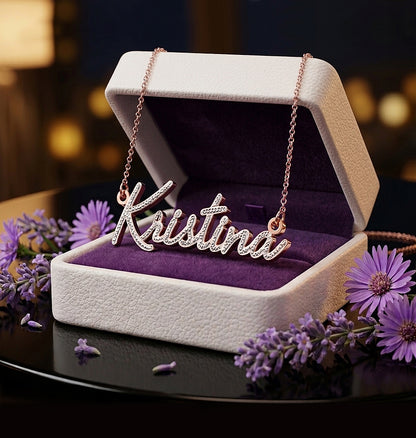 Custom Sterling Silver Freestyle Script Nameplate Necklace | Rhodium Sparkle!