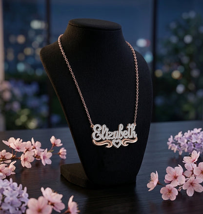 Custom Sterling Silver Nameplate Necklace Covered in Rhodium Sparkle
