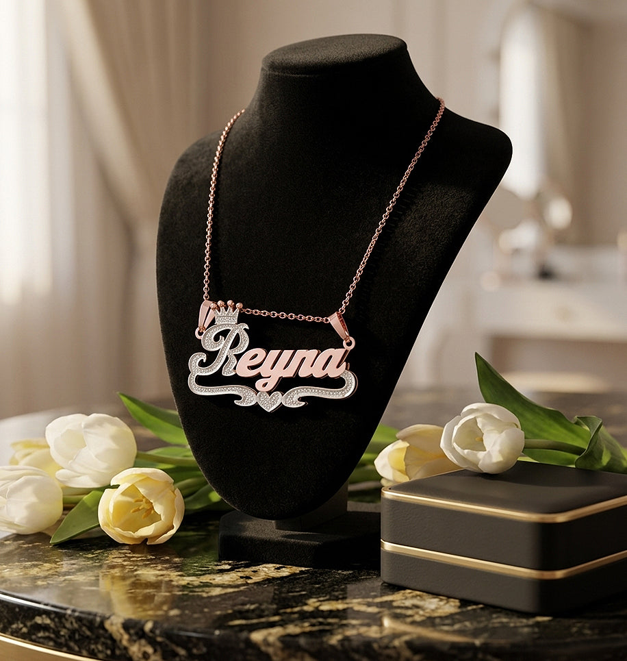 Custom Sterling Silver Nameplate Necklace with Crown | Double Bail