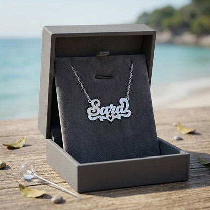Custom Sterling Silver Nameplate Necklace with Heart First Letter and Heart in Rhodium Sparkle
