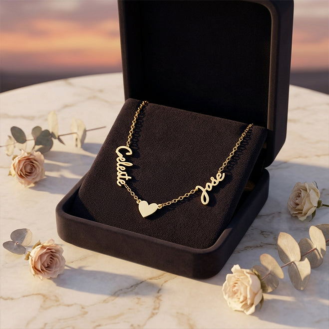 Custom Two Name and Heart Necklace in Freestyle Script and High Polished 14K Gold