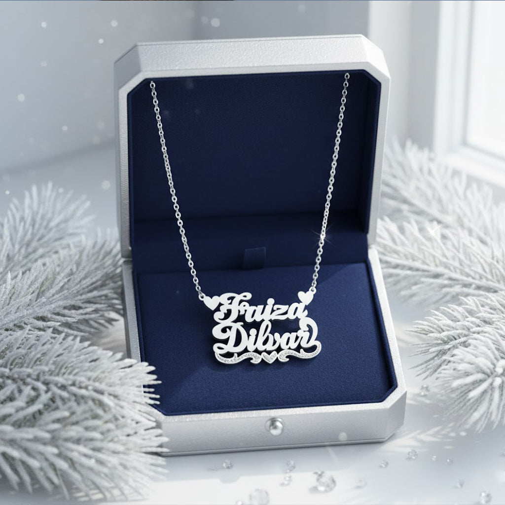Custom 2 Name Nameplate Necklace with Hearts in Solid 14K Gold and Diamonds