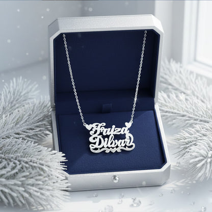 Custom 2 Name Nameplate Necklace with Hearts in Solid 14K Gold and Diamonds